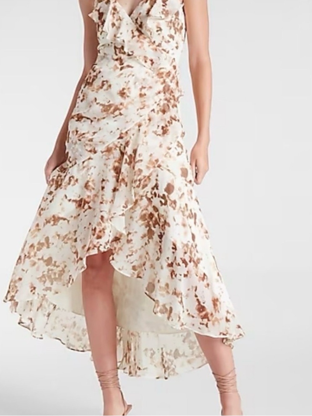 Express Cream High-Low Ruffled Skirt with Brown Floral Wash